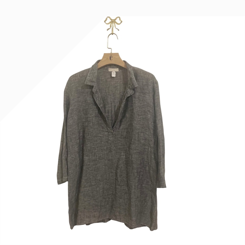 CP Shades Gray 100% Linen Teton Tunic V-Neck Oversized Blouse Womens Large